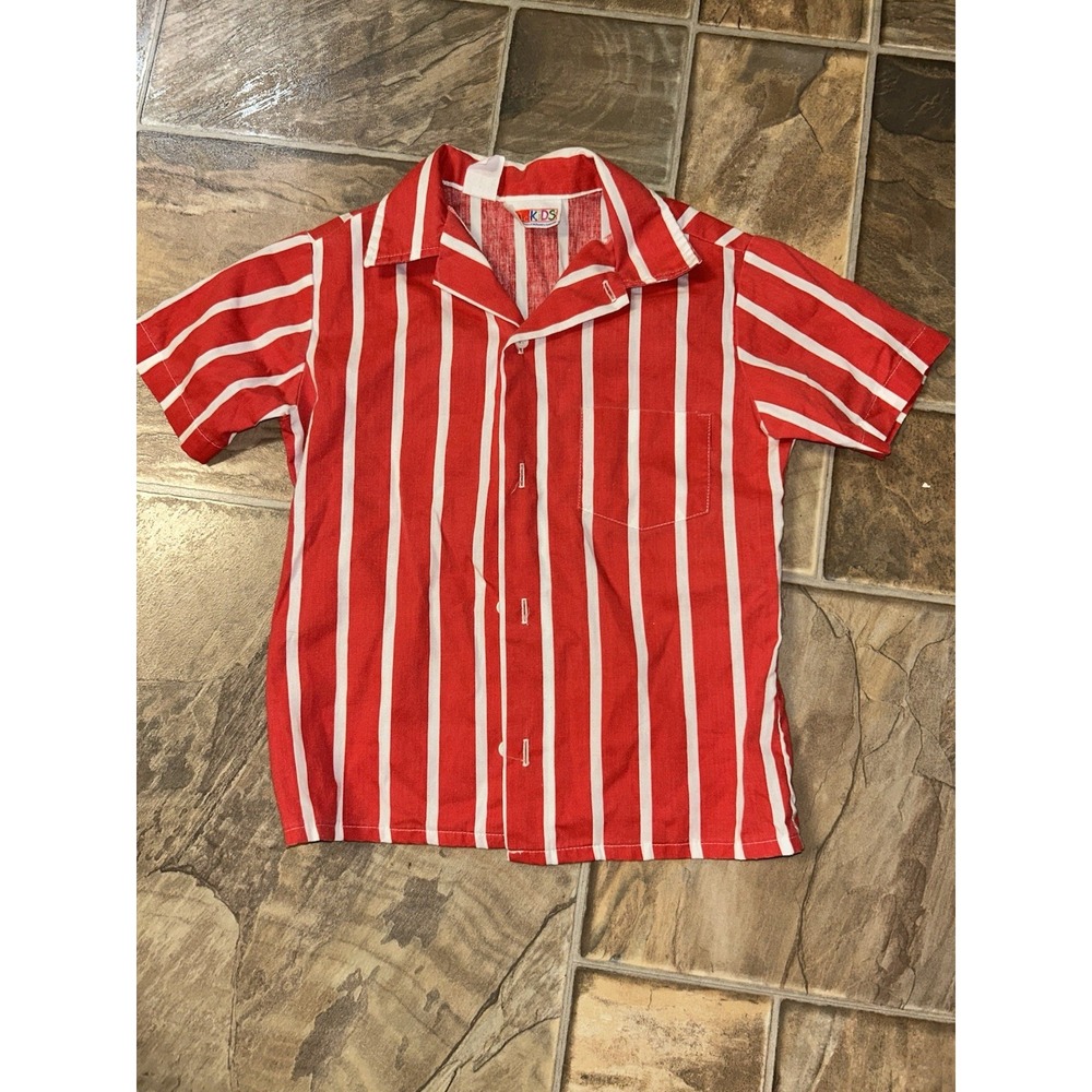 Vintage McKids McDonalds Red White Striped Button Up Shirt Kids Size M 8-10 USA